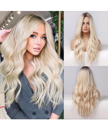 HAIRCUBE Long Blonde Wigs for Women Synthetic Curly Hair with Dark Rooted Middle Parting Very Light Blonde