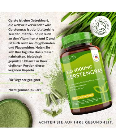Organic Barley Grass Capsules - High Dose 3000mg - 180 Vegan Capsules - Pure Gerstengrass Powder - No Additives - Made by Nutravita - Buy Online on GoSupps.com