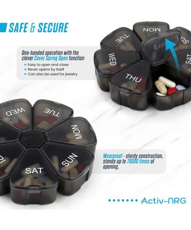 Premium Round Black Pill Box Organizer - BPA Free - Travel Tablet Storage with Large Compartments - Spring Assisted Open Design for Medication and Supplements - Buy Online on GoSupps.com