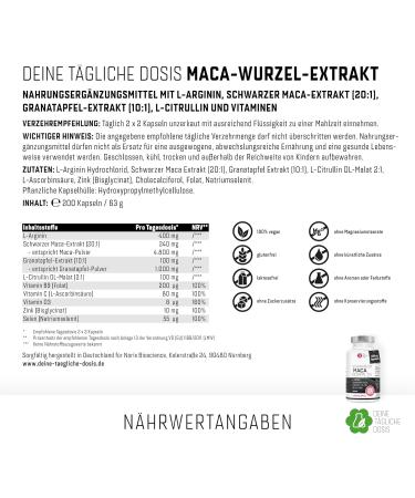 High Dose 200 Maca Capsules - 4800mg Daily | L-Arginine Pomegranate Extract Vitamins Vegan 20:1 Black Maca Extract without Additives - Buy Online on GoSupps.com