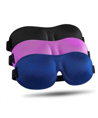 Sleep Mask for Side Sleeper, 100% Blackout 3D Eye Mask for Sleeping, Night Blindfold for Men Women, Pack of 3 Black & Blue & Purple