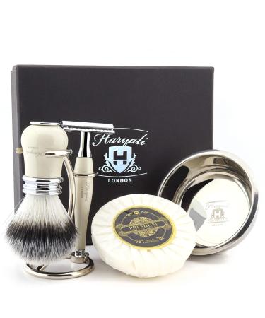 Haryali London Luxury Men's Razor Set with double -sided razor planer razor brush made of synthetic roof hair stand soap and bowl ivory colors