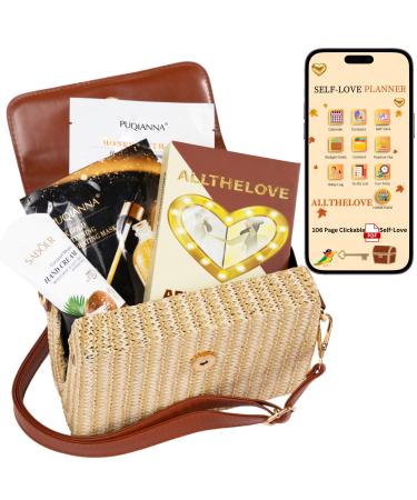 ALLTHELOVE New Mom Spa Package Luxury New Mom Care Set for Women with Chic Rattan Purse, Clickable Planner Download, Affirmation Cards, Hydrating Masks & Lotion Thoughtful Gift for New Moms
