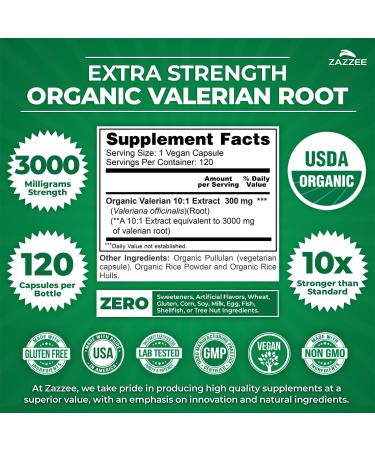 Zazzee USDA Organic Valerian Root 10:1 Extract 3000 mg Strength 120 Vegan Capsules 4 Month Supply Valeriana officinalis 10X Potency 100% Vegetarian All-Natural Non-GMO Made in The USA - Buy Online on GoSupps.com