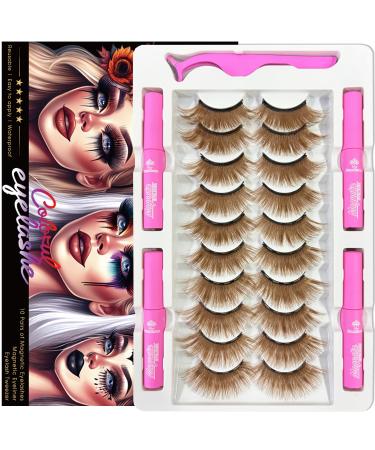 Magnetic Eyelashes Colored Eyelashes for Halloween Party Cosplay Makeup Kit 10 Pairs Color Magnetic Cat Eye Lashes with Eyeliner Full Volume Brown Look 18-23MM Fake Eyelash Cruelty-Free & Vegan