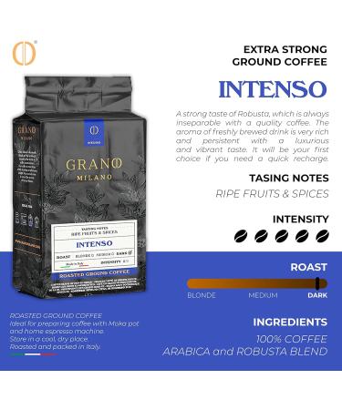 Grano Milano Ground Coffee Intenso Arabica and Robusta Dark Roast Intensity 5/5 Extra Strong Coffee - 26.45 Oz - Pack Of 3 - Buy Online on GoSupps.com