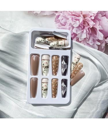 24 Pcs Brown Flower Pattern Coffin Press on Nails - Long Full Cover False Nails for Women & Girls - Buy Online on GoSupps.com