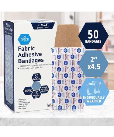 Medpride Sterile Fabric Adhesive Bandages [50 Count] | Hypoallergenic & Non-Stick | Latex-Free First Aid Wound Care - 2'' x 4.5'' - Individual Wrapped - Buy Online on GoSupps.com