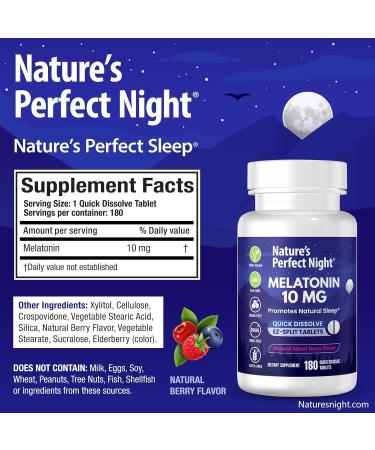 Nature's Perfect Night | Melatonin 10mg | 180 Quick Dissolve Tablets | Natural Mixed Berry Flavor |High Potency | Sugar Free | Vegan | Gluten Free | Value Size - Buy Online on GoSupps.com