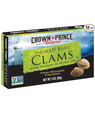 Crown Prince Natural Smoked Baby Clams in Olive Oil 3 Ounce Cans Pack of 12 - Buy Online on GoSupps.com