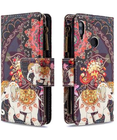 Miago 9 Card Slots Leather Wallet Case for Huawei Y6 2019 - Colorful Zip Flip Shell & Protective PU Leather Cover with Elephant Flower Design - Buy Online on GoSupps.com