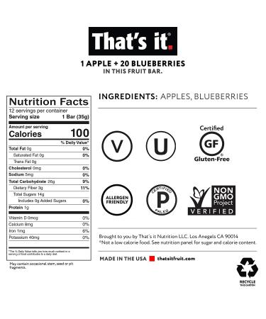 Apple Blueberry Fruit Bar | High Fiber Vegan Snack | Gluten Free Paleo | Non GMO | No Sugar Added | Energy Food (12 Pack) - Buy Online on GoSupps.com