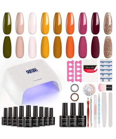 EasyinBeauty Gel Nail Polish Kit with UV Light, 48W LED Nail Dryer Lamp, 9 Colors Gel Nail Kit with UV Light, Nail Art Starter Kit with Manicure Tool, Nail Gel, Base Coat and Top Coat, Gifts for Women Caramel