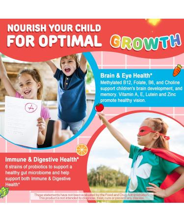 Kids Multivitamin Gummies + Calcium Probiotics Vitamin D3 C Methylated B12 & Methylfolate B6 A K2 E Zinc Prebiotics for Children Ages 4+ Clean & Sugar Free for Nutritional Support 60 Cts 60 Count (Pack of 1) - Buy Online on GoSupps.com