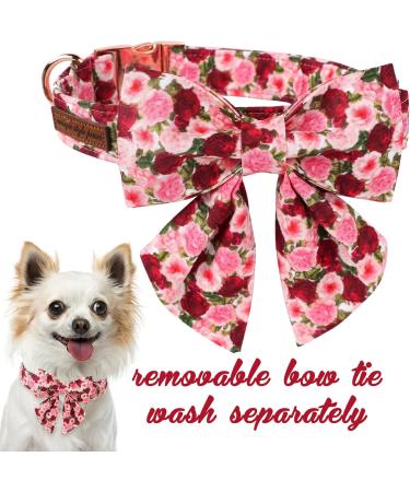 Unique Style Paws Pink Peony Dog Collar | Adjustable & Comfortable Cotton Collar for Small Dogs | Fly Neck Band with Metal Buckle (Size S: Neck 10-16in) - Buy Online on GoSupps.com