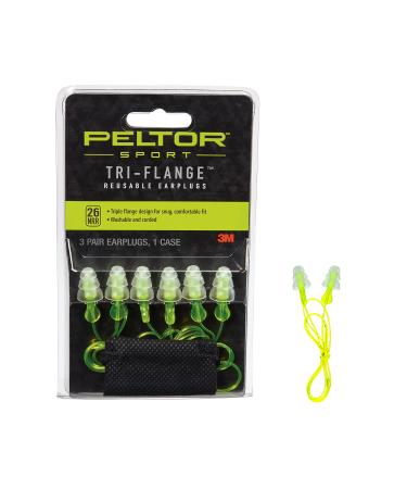 Peltor Sport Tri-Flange Corded Reusable Earplugs, 3-Pair Per Pack 26 dB NRR 3-Pair
