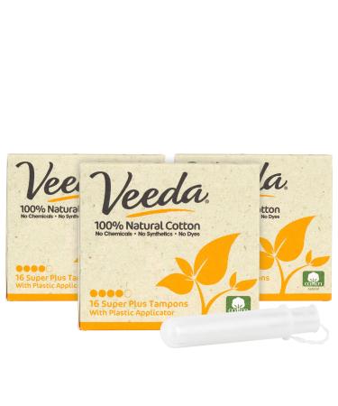 Veeda 100% Natural Cotton Super Plus Tampons with Compact BPA-Free Applicator, Dermatologically Tested, Chlorine, Fragrance and Dye Free, Unscented, 16 Count (Pack of 3)