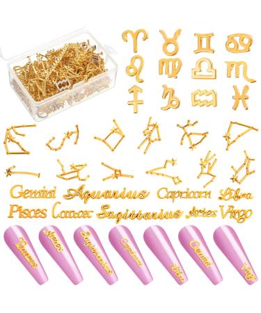 156 Pieces Nail Charms Alloy Zodiac Charms Word Message Flat Back Charms 12 Constellations Gold Zodiac Charm in 12 Styles Charm Accessories Art Nail Decoration Designer Charms for Jewelry Making