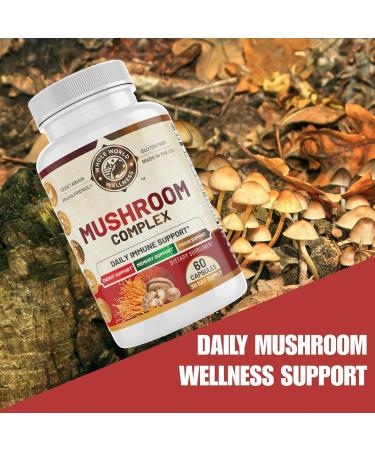 WHOLE WORLD WELLNESS All Natural Mushroom Complex 10 in 1 | Daily Immune & Energy Support | Lions Mane, Chaga, Resihi | Gluten Free, Dairy Free, Soy Free | 60 Capsules | Made in The USA. - Buy Online on GoSupps.com