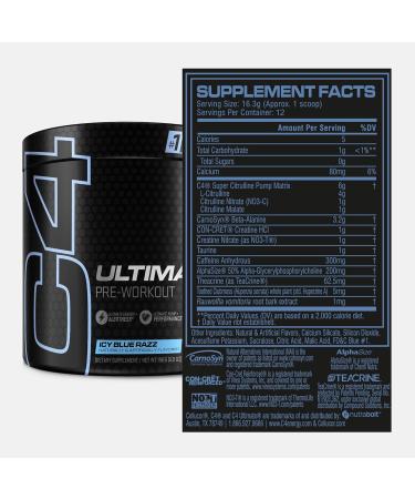 Cellucor C4 Ultimate Icy Blue Raz Pre Workout Powder - Sugar Free Energy Supplement for Men & Women | 300mg Caffeine + 3.2g Beta Alanine + 2 Patented Creatines | 12 Servings - Buy Online on GoSupps.com