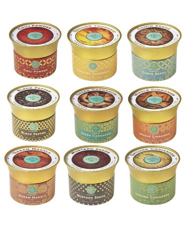 Indian Spicebox Kit Gold: 9 Organic Spices, Cookbook with 30+ Recipes, Masala Dabba, Seasonings - Cooking Gift Set for Women, Men, Chef - Buy Online on GoSupps.com
