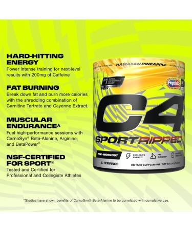 Cellucor C4 Ripped Sport Pre Workout Powder - NSF Certified - 200mg Caffeine Cayenne Extract Carnitine & Beta-Alanine - Hawaiian Pineapple Flavor - 20 Servings - Buy Online on GoSupps.com
