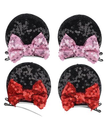 2 Pairs Mouse Ears Hair Clip , Mouse Hair Barrettes Bow Ear Clip for Theme Birthday Party Favor Decoration Red and Pink