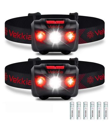 Vekkia Ultra Bright LED Headlamp Flashlight (2 Pack) White and Red Light Headlight with Adjustable Headband IPX6 Water Resistant. Great for Outdoors Running Camping. 3 x AAA Batteries Included Most Popular 2Pack