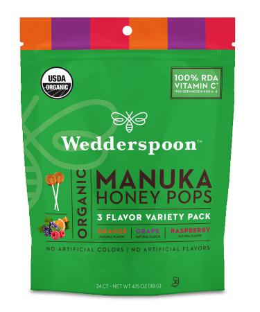 Wedderspoon Organic Manuka Honey Lollipops, Variety Pack, 24 Count (Pack of 1)| Genuine Manuka Honey + Vitamin C| No Artificial Flavors or Dye| Feel Better Lollipop for Kids & Grown-ups Variety Pack Lollipops