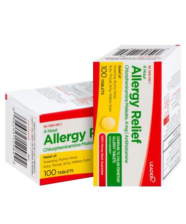 Leader 4 Hour Allergy Relief Chlorpheniramine Maleate Tablets Antihistamine 4 mg 100 Count Pack of 2