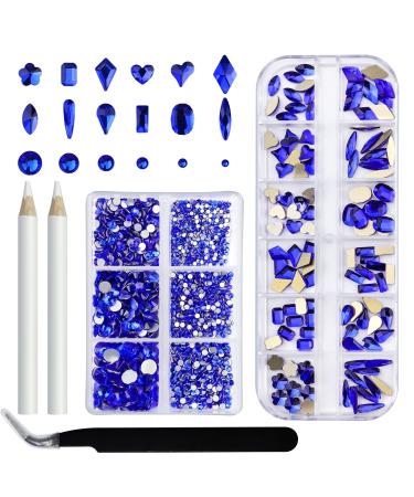 Yzzseven 2120 Nail Rhinestones Crystals Glass Gems Stones 6 Sizes Round Beads,12 Shapes Flatback Rhinestone Craft Diamonds Stones Bling Kit with Tweezers,Picking Pen for Nail Art Diy(05# Dark blue) style 15