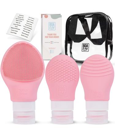 Silicone Travel Bottles Set with Face Scrubber, Leakproof Small Squeezable Containers for Toiletries, Empty Portable Refillable 2oz, 3oz Tubes for Liquids, Shampoo, Lotion (TSA Approved, BPA Free) Light Pink