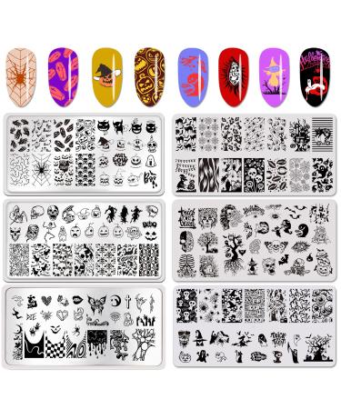 6 Pcs Halloween Nail Stamping Plate Skull Bat Witch Spider Web Halloween Nail Stamper Kit Pumpkin Grimace Blood Design Nail Template Decoration Style 1