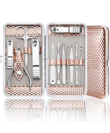 Yougai Manicure Set Professional Nail Clippers Set, 12Pcs Manicure Kit Stainless Steel Nail Kit for Women, Pedicure Set Nail Grooming Kit with Travel Case(Rose Gold)