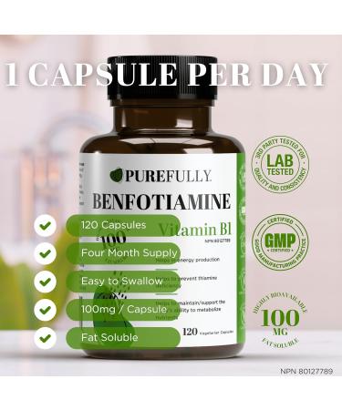 PUREFULLY Benfotiamine Vitamin B1/Thiamine 100mg 120 Capsules - High Absorption Energy Support - Gluten Free Non-GMO Made in Canada - Buy Online on GoSupps.com