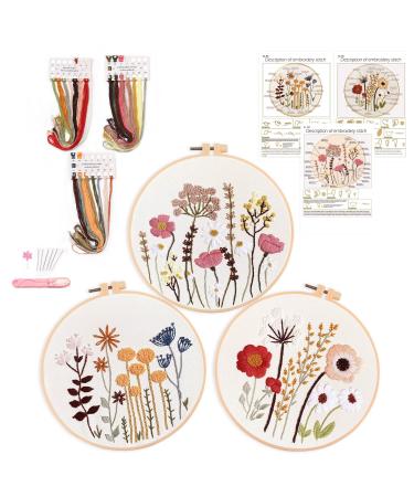 Harimau 3 Pack Embroidery Kit for Beginners Floral Plant Pattern Cross Stitch Kits Set Including Stamped Embroidery Cloth with 3 Embroidery Hoops Color Threads and Tools (Flower) stone