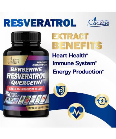 Cadane Resveratrol Supplement - 10in1 Plus with Quercetin Berberine Green Tea Grape Seed Hawthorn Berry Turmeric Rhodiola Rosea Ginkgo Biloba and Black Pepper - 60 Capsules - Buy Online on GoSupps.com