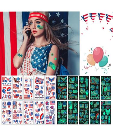 Independence Day Luminous Temporary Tattoos - 10 Sheets Glow in the Dark Stickers for July 4th Celebration - Men, Women, Kids Fake Body Art - Buy Online on GoSupps.com