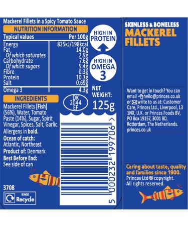 Princes Mackerel Fillets in Spicy Tomato Sauce 125G (Pack of 10) - Buy Online on GoSupps.com