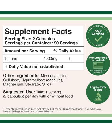 Taurine Supplement 1000mg Per Serving 180 Capsules - Amino Acid Studied to Support a Longer Healthier Life (Taurina) Vegan Safe Gluten Free Non-GMO by Double Wood - Buy Online on GoSupps.com