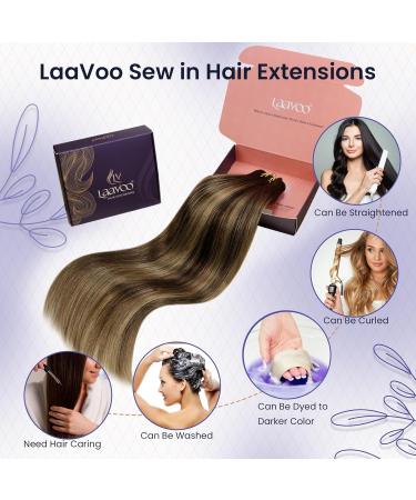 LAAVOOGAGE Real Hair Extensions - Dark Brown Ombre Caramel Blonde Remy Sew-in Tresses 100g #4/27/4 45cm - Buy Online on GoSupps.com
