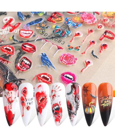 NICENEEDED 5D Halloween Nail Art Stickers 3 Sheets Stereoscopic Embossed Pumpkin Nail Decals Self-Adhesive Stickers with Skull Bat Witch Bloody Lips Design for Nail Art Decorations - Buy Online on GoSupps.com