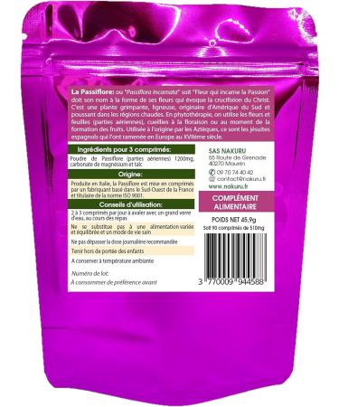 NAKURU | Passion flower | Relax range | Made in France | The Soothing Flower! | (90 tablets of 510 mg/Net weight: 46 g/Purple) - Buy Online on GoSupps.com