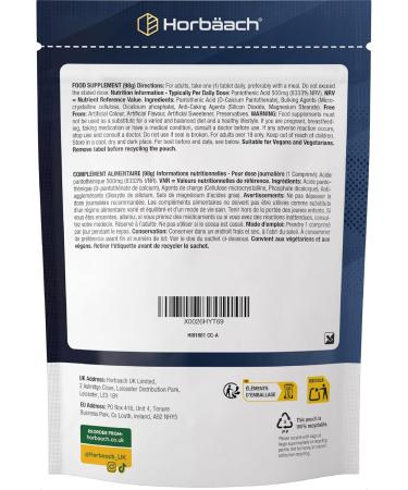 Vitamine B5 Acide Pantoth nique 500mg | 90 Comprim s Vegan | Complem nt Alimentaire Hautement Dos | Pantothenic Acid Supplement | par Horbaach - Buy Online on GoSupps.com