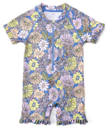 BONVERANO Baby Boys Swimsuit Toddler Bathing Suit Short-Sleeve Zipper One Piece Swimwear with UPF 50+ Sun Protection 9-12 Months Flower