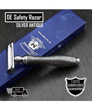 Classic DE Safety Razor with Silver Antique Inspired Handle for a Retro Shave Look (No Blades Included) Perfect for Wet Shaving
