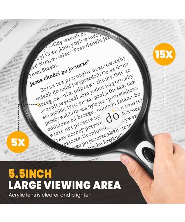 ANBULL 5X 15X Magnifying Glass with Lights  5.5in Large Handheld Page Magnifier  Lighted Magnifying Glass for Reading  Small Prints  Low Vision Seniors (Black) - Buy Online on GoSupps.com