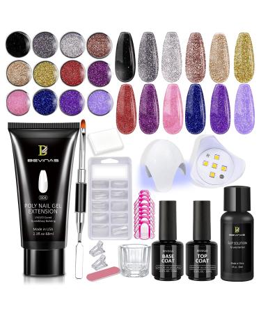 Poly Gel Nail Kit with UV Lamp 12 Glitters and 68ml Clear Poly Nail Gel Starter Kit for Poly Gel Nail Extension DIY Home Glitter Poly Gel Kit nail kit for beginners with everything