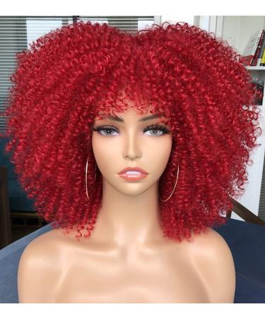 SOFUN Short Curly Afro Wigs with Bangs for Black Women Short Kinky Curly Wig Synthetic Fiber Full Hair Wig(Red)