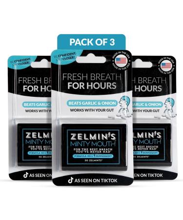 Zelmin's Minty Mouth Breath Freshener - (3 Pack) Long Lasting Bad Breath Treatment For Adults That Works With Your Gut - Bad Breath Pills Are Alcohol Free, Gluten Free & Contain No Artificial Flavors - Buy Online on GoSupps.com